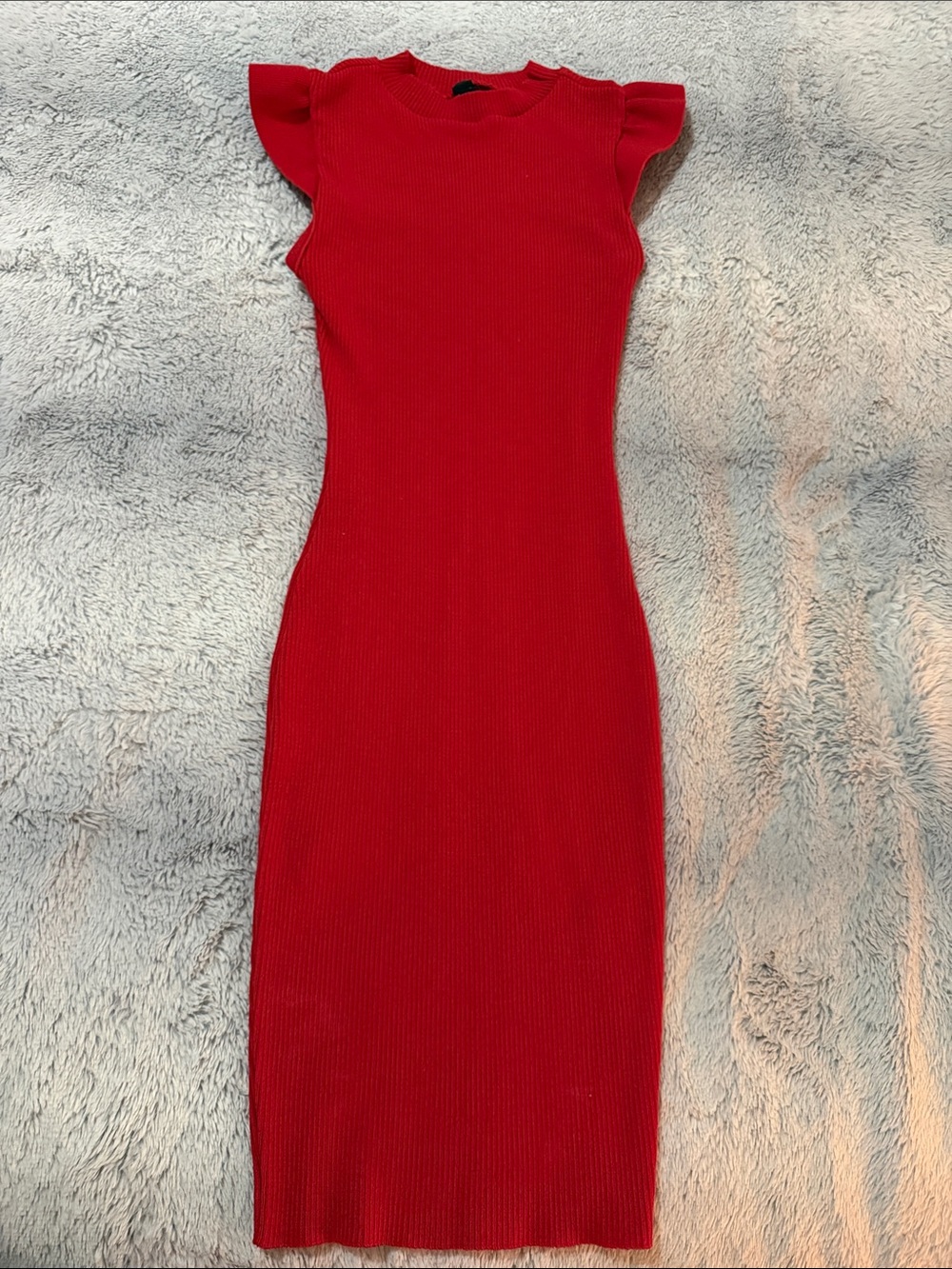 Windsor Red Ribbed Midi Dress with Flutter Cap Sleeves